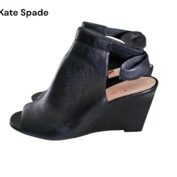 Kate Spade Bow Leather Open Peep Toe High Heel Wedge Dress Sandal Black Women 10 - Picture 9 of 13